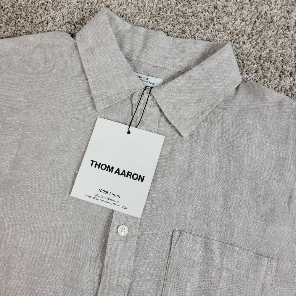 NWT Thom Aaron Mens Medium Gray Button Up Short Sleeve 100% Linen